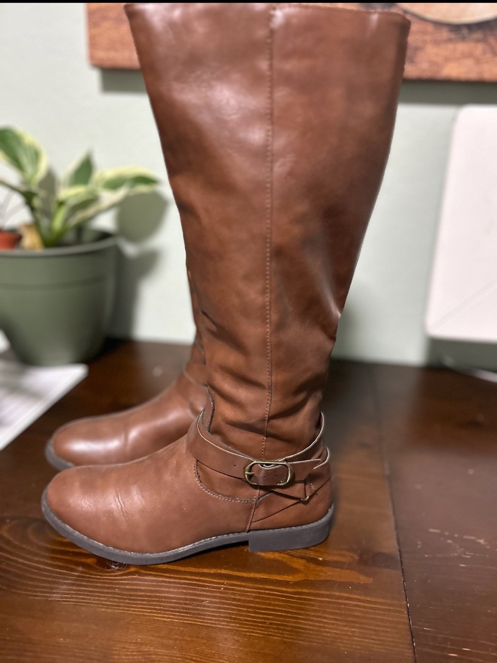 Women's Brown Tall Riding Boots with Buckle Detail